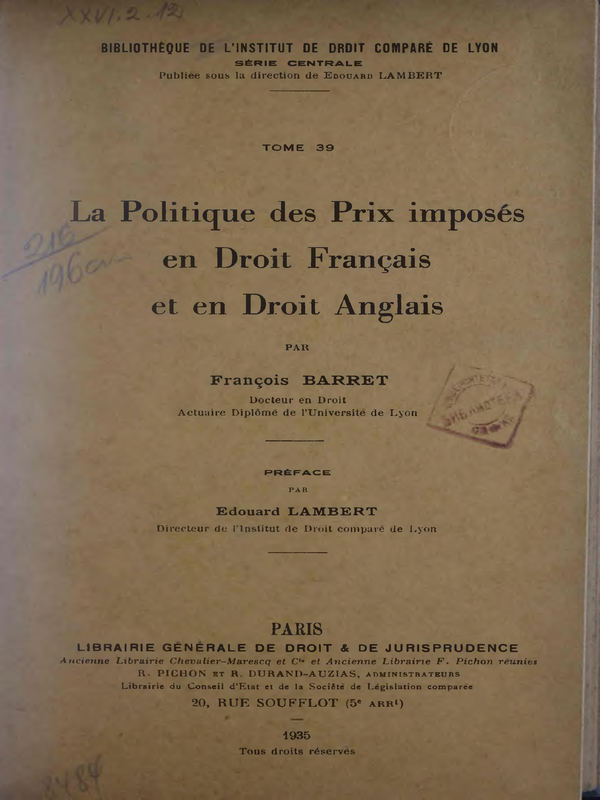 La Politique des Prix imposes en Droit Francais et en Droit Anglais
