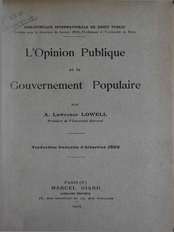L'Opinion Publique et le Gouvernement Popularie