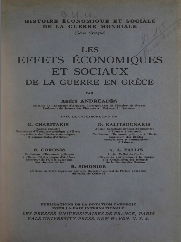 Les Effets Economiques et Sociaux de la Guerre en Grece