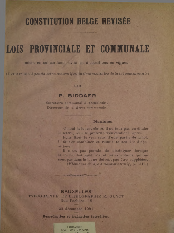 Constitution Belge Revisee. Lois Provinciale et Communale  mises en concordance avec les dispositions en vigueur