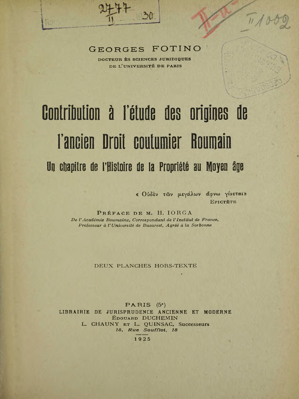 Contribution a l'etude des origines de l'ancien Droit coutumier Roumain