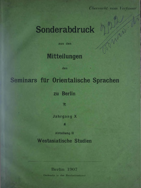 Sonderabdruck aus den Mitteilungen des Seminars fur orientalische sprachen