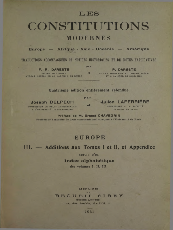 Les constitutions modernes : Europe - Afrique - Asie - Oceanie - Amerique