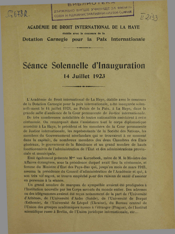 Academie De Droit International De La Haye Etablie Avec Le Concours De La Dotation Carnegie Pour La Paix Internationale