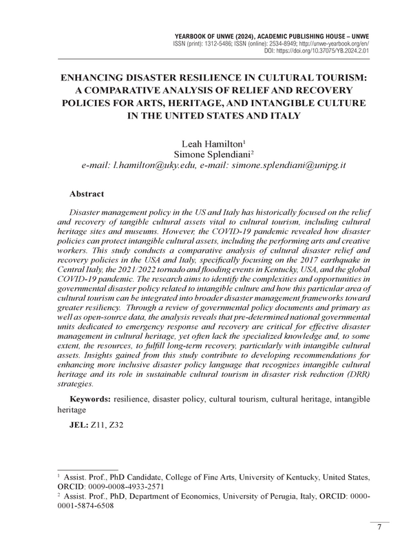Enhancing Disaster Resilience in Cultural Tourism: A Comparative Analysis of Relief and Recovery Policies for Arts, Heritage, and Intangible Culture in the United States and Italy