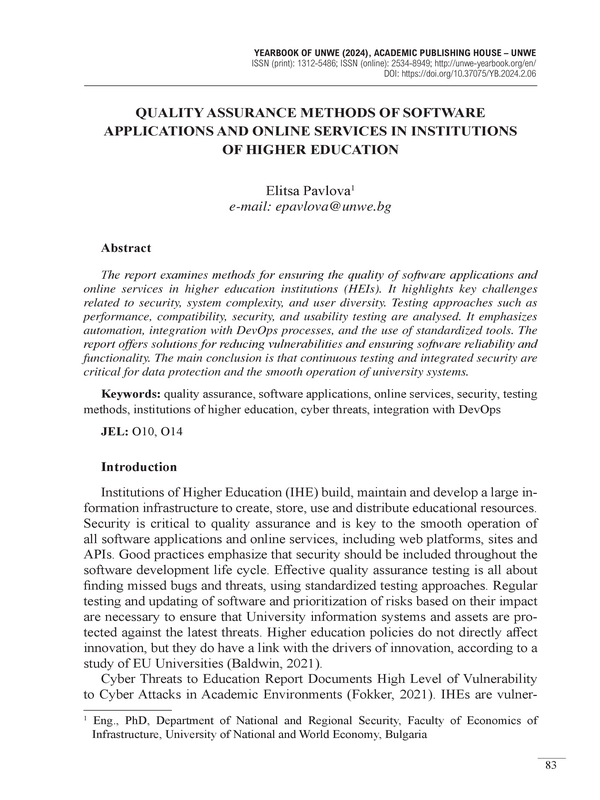 Quality Assurance Methods of Software Applications and Online Services in Institutions of Higher Education